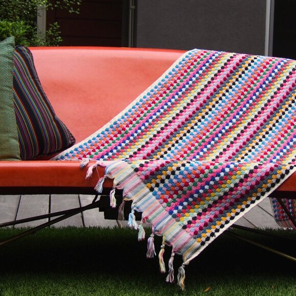 Large Rainbow Double Sided Multi Color Pom Pom Colorful Turkish Beach Bath Towel - Picture 5 of 9